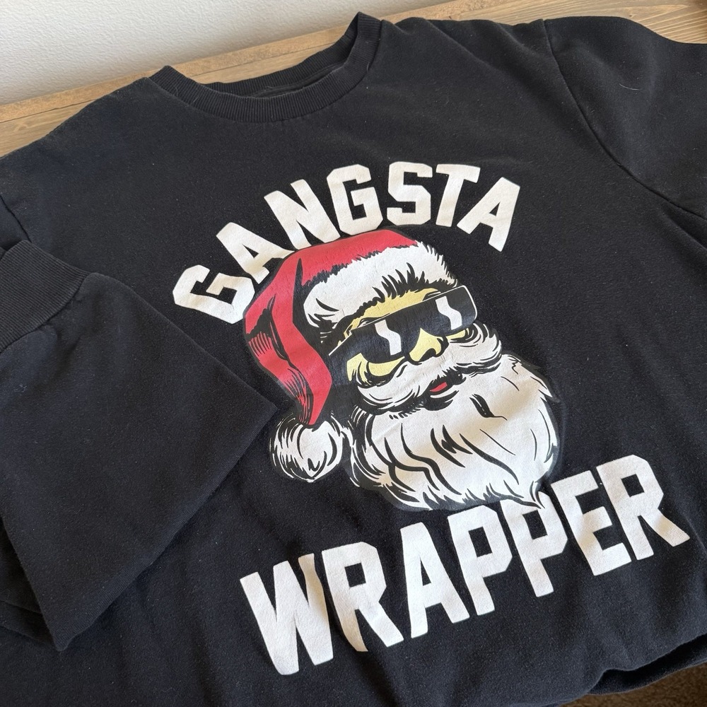 Holiday Time Unisex XL‎ Santa Gamgsta Wrapper Fun Christmas Long Sleeve Pullover